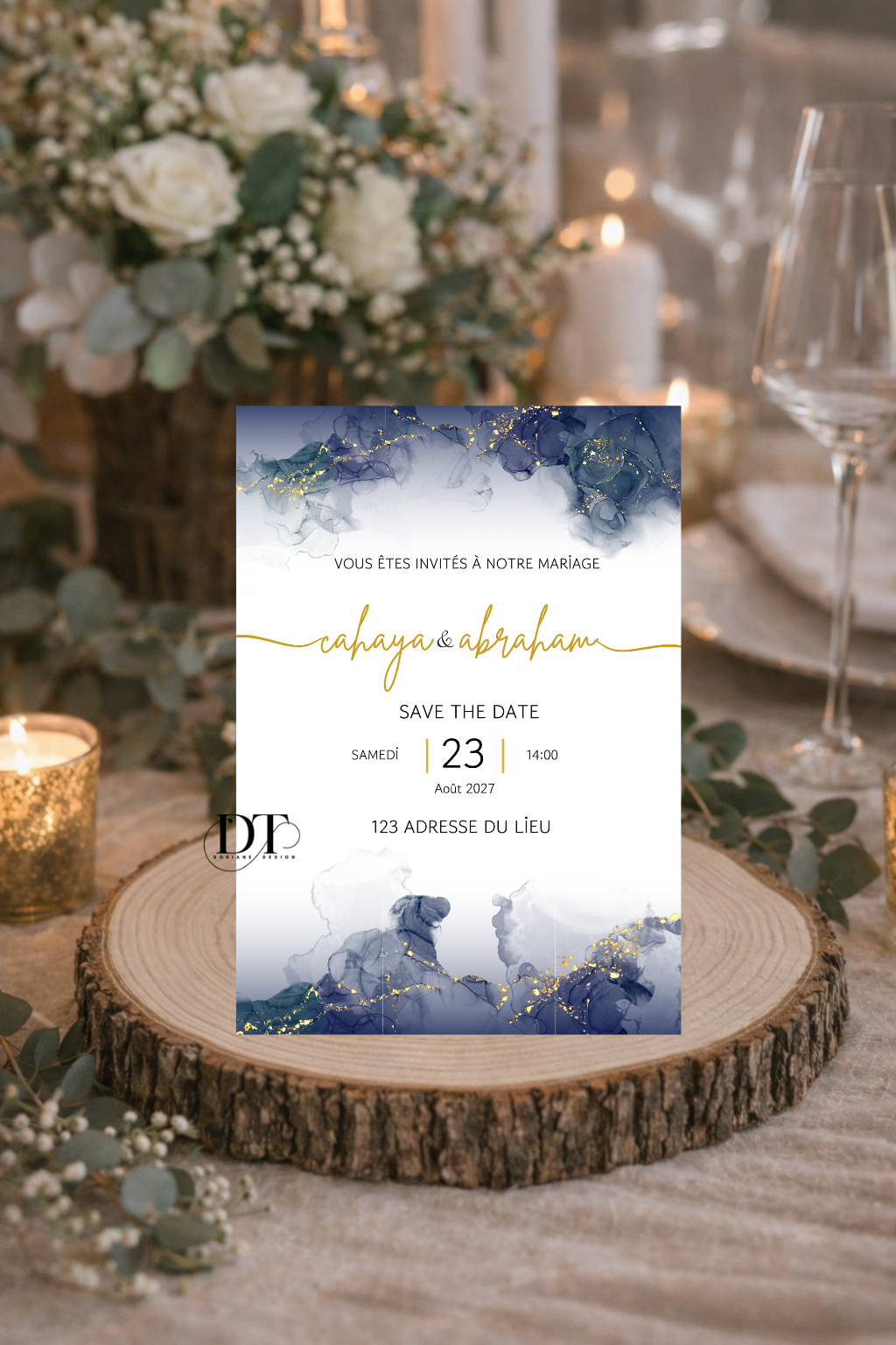 Faire-part mariage moderne bleu marbré – invitation chic minimaliste personnalisée