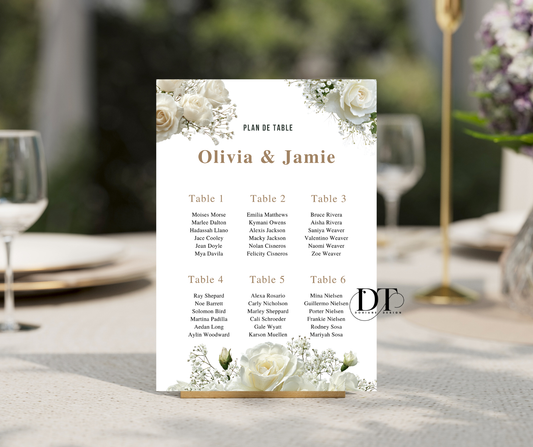 Plan de table personnalisé floral roses blanches panneau métal A4 panneau plan de table mariage baptême anniversaire Plan de table