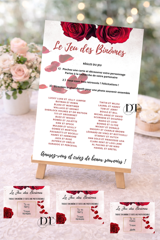 Jeu des binômes mariage – 64 cartes + affiche A4 – Animation invités originale – Jeu mariage Animation invités mariage thème floral roses rouges