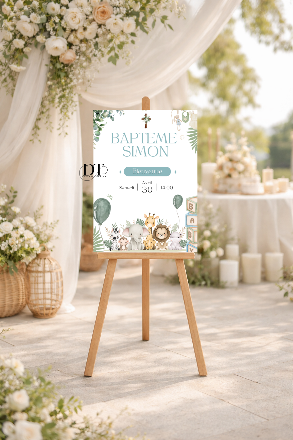 Affiche décoration de baptême thème jungle safari Animaux floral