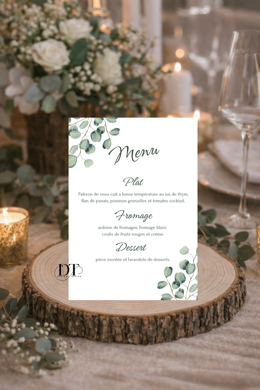 Menu mariage Champêtre Eucalyptus & Élégance