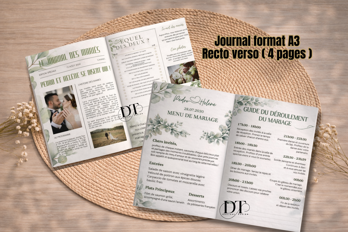 Gazette mariage personnalisée A3 recto verso – Journal des mariés – Cadeau invités original – Programme mariage bohème pampa – Affiche mariage personnalisable