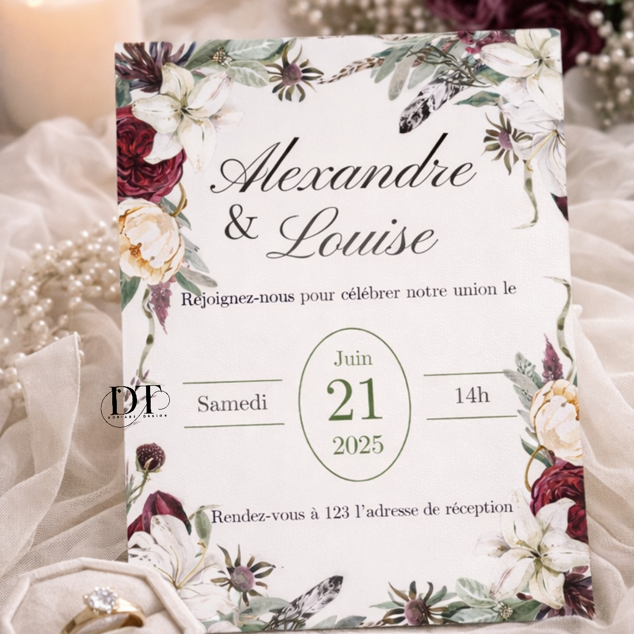 Faire part mariage floral bordeaux