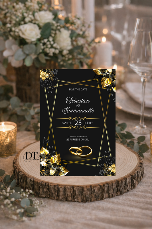 Faire-part mariage noir et doré luxe – invitation mariage élégante et moderne