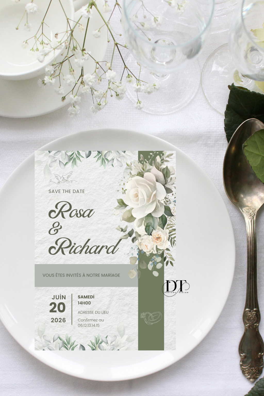 Faire-part mariage eucalyptus vert et blanc – invitation champêtre naturelle personnalisée