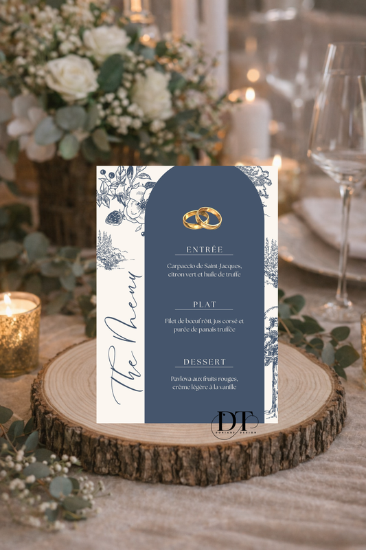 Menu mariage Élégance Bleu Nuit , blanc & Alliances dorées