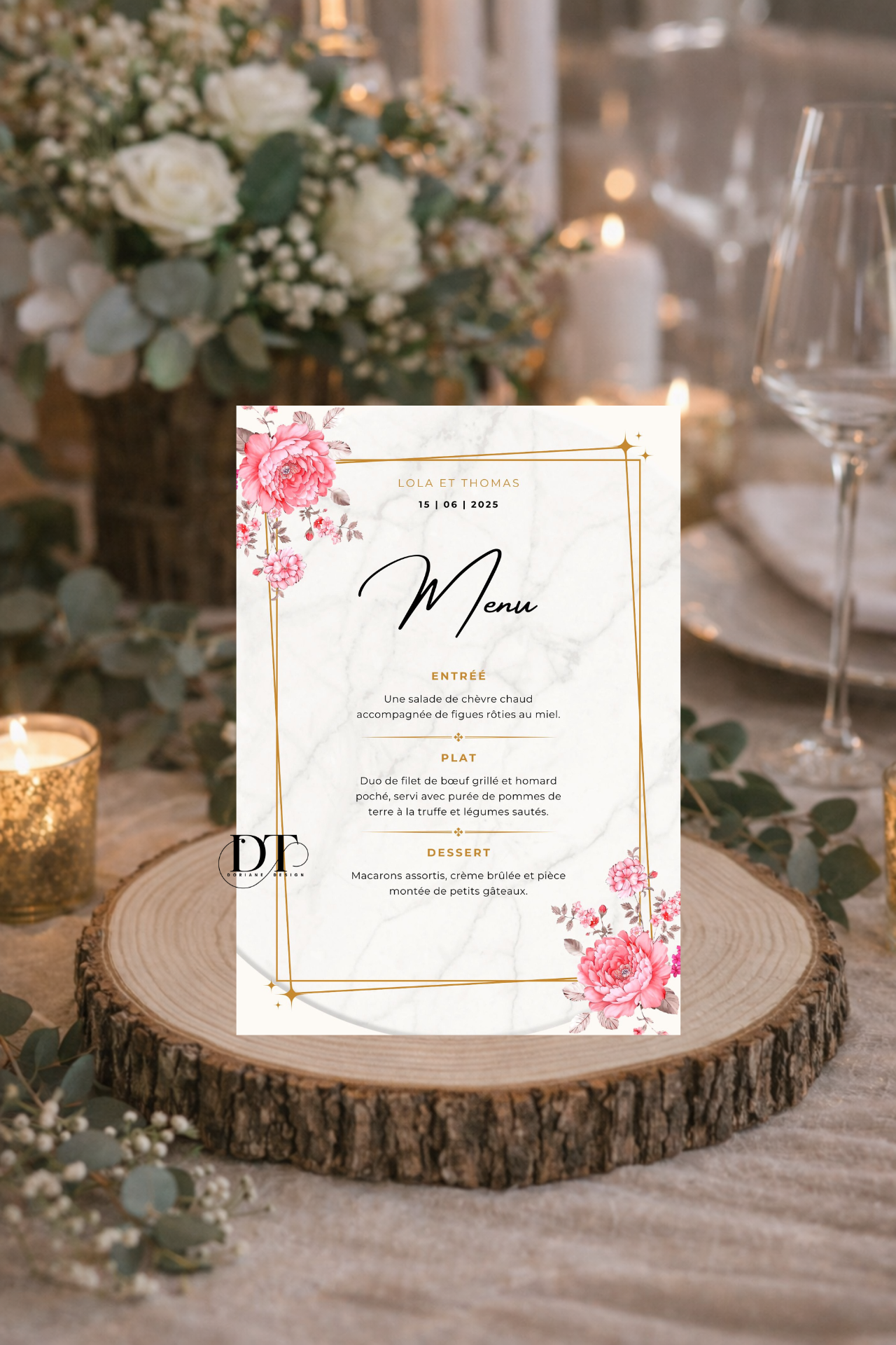 Menu mariage Marbre & Doré Chic Floral Rose