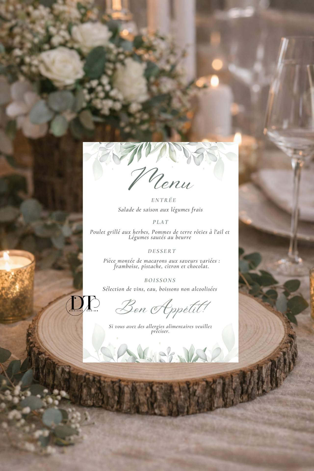 Menu mariage Minimaliste Vert Clair & Nature épurée