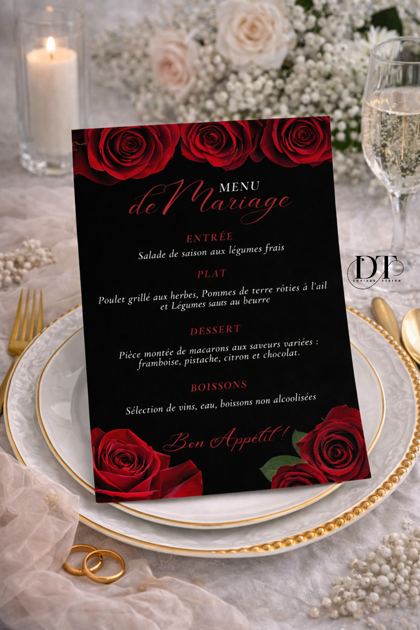 Menu mariage noir roses rouges