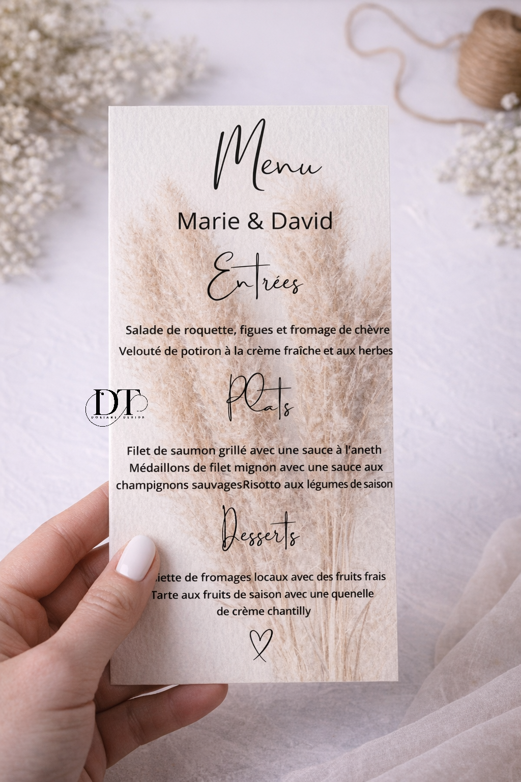 Menu mariage personnalisée champêtre pampa