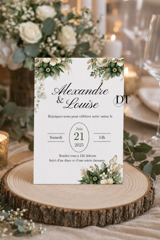 Faire part mariage floral vert & beige