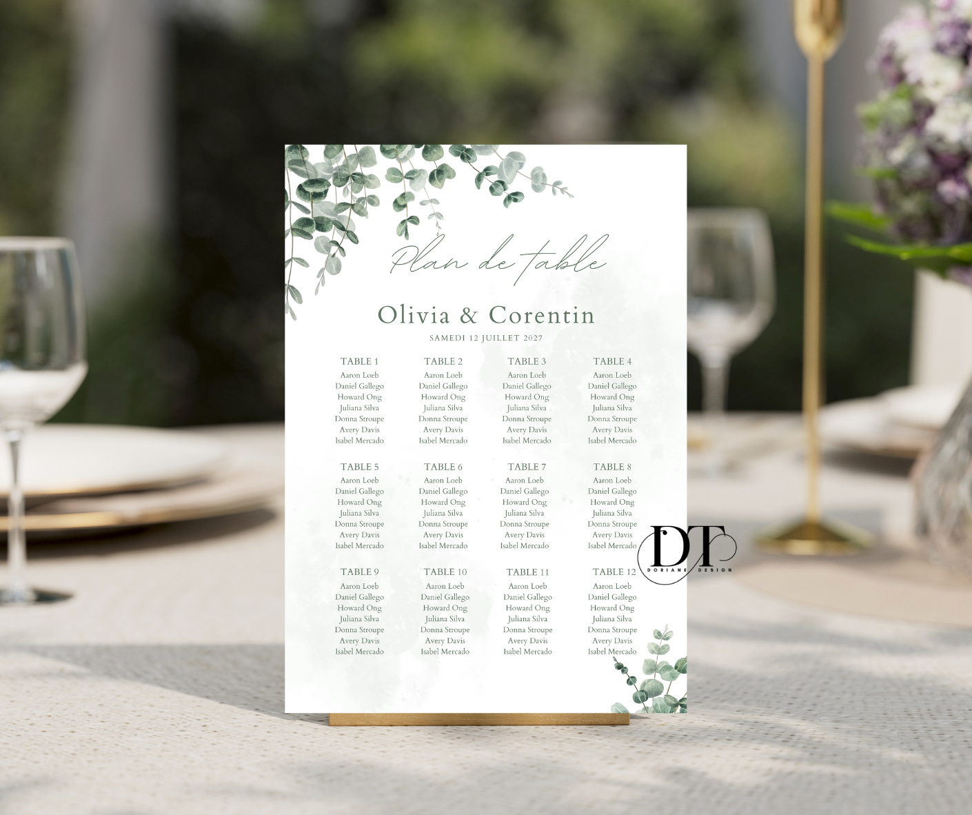 Plan de table personnalisé Eucalyptus panneau métal A4 Affiche seating chart mariage baptême anniversaire Plan de table