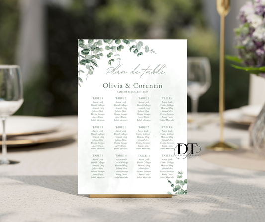 Plan de table personnalisé Eucalyptus panneau métal A4 Affiche seating chart mariage baptême anniversaire Plan de table