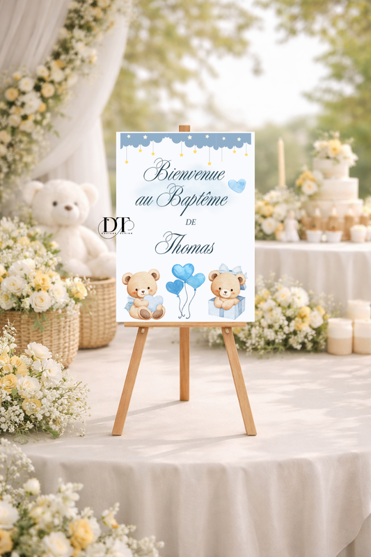 Panneau baptême oursons bleus & cœurs
