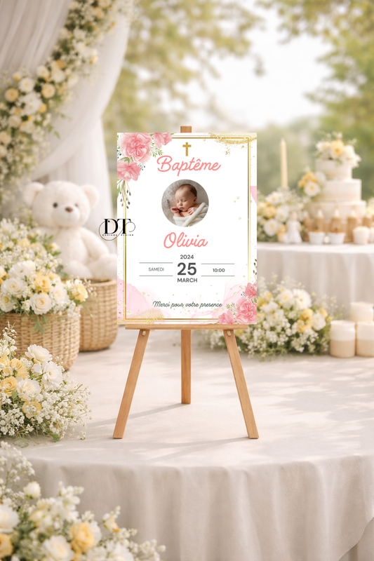 Affiche décoration de baptême floral rose