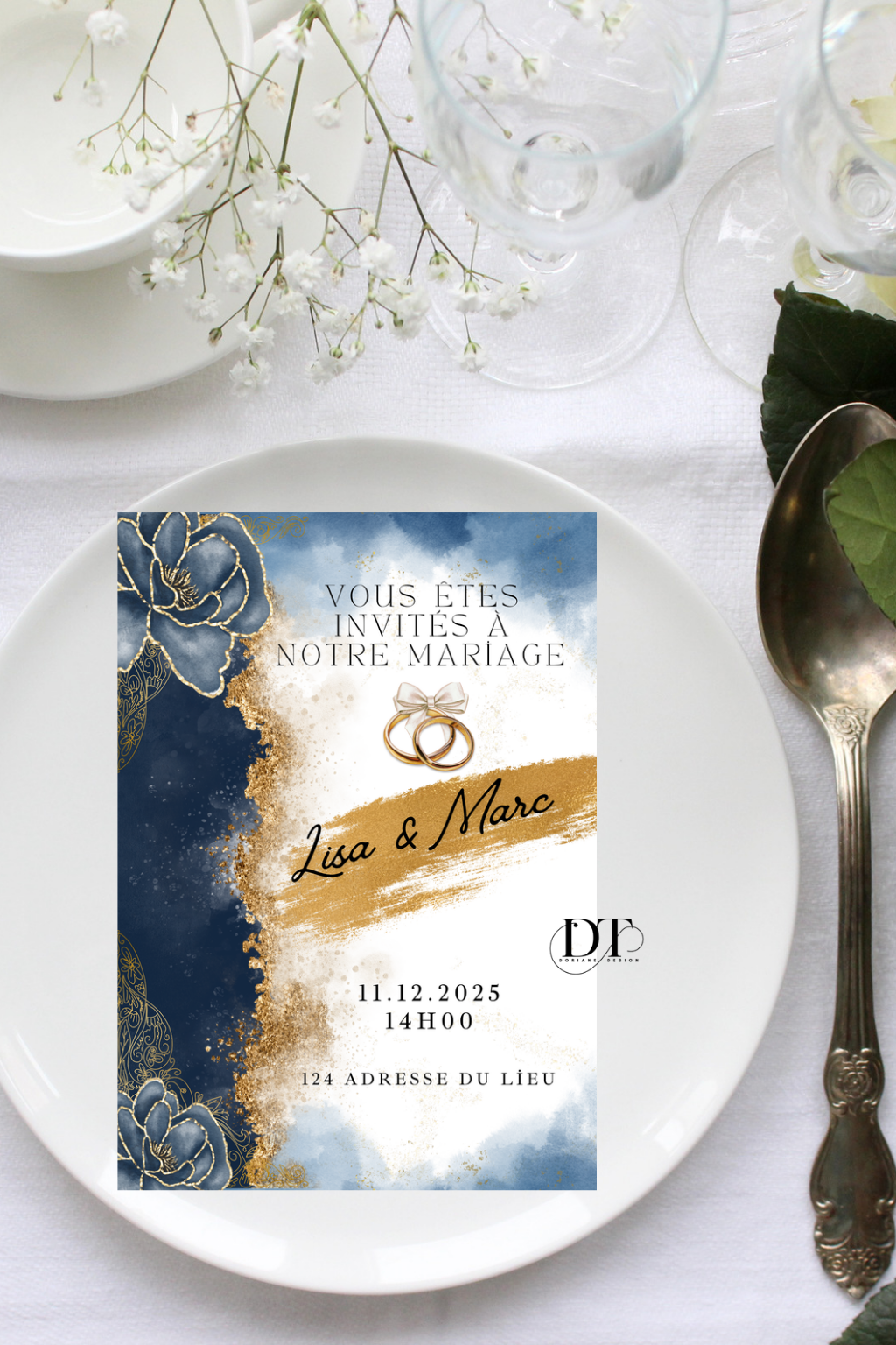 Faire-part mariage bleu et doré élégant – invitation mariage chic personnalisée