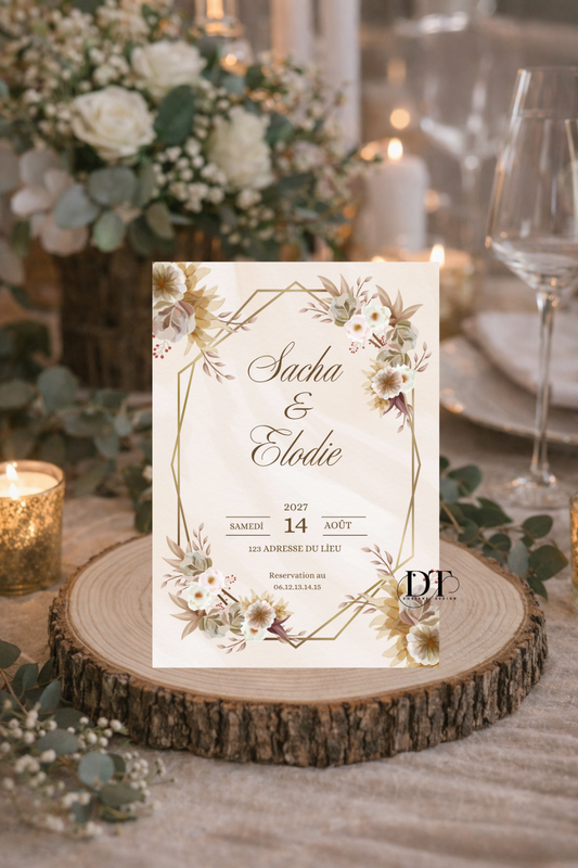 Faire-part mariage bohème beige floral – invitation élégante avec cadre géométrique