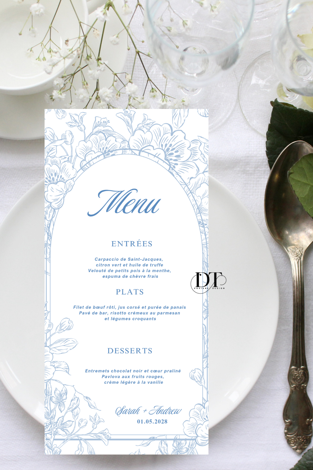 Menu mariage Vintage Bleu Poudré