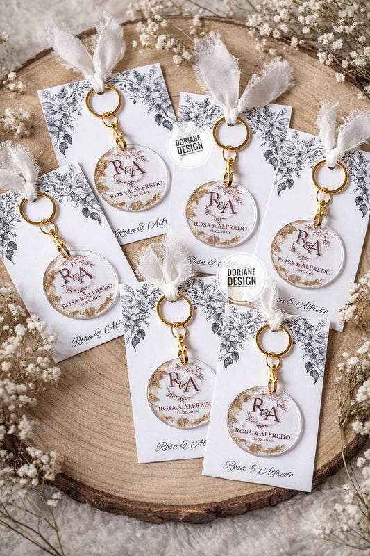 Porte-clé personnalisé plexiglas mariage | Cadeau invité avec initiales, prénoms & date | cadeaux invité original mariage feuille d’or