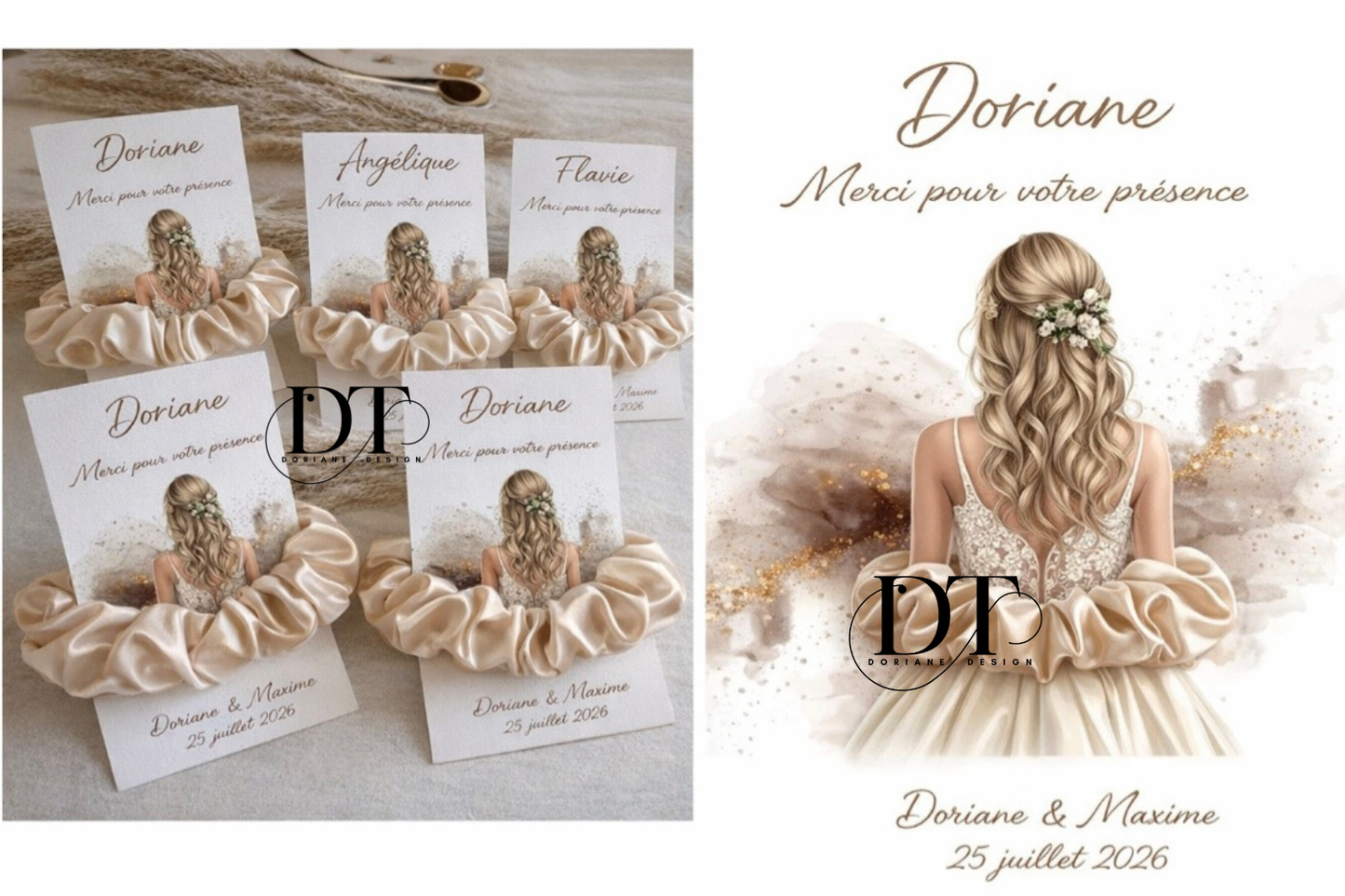 Cadeaux invités mariage " cartes mariée avec chouchou " cadeau EVJF , demoiselle d'honneur , temoin..