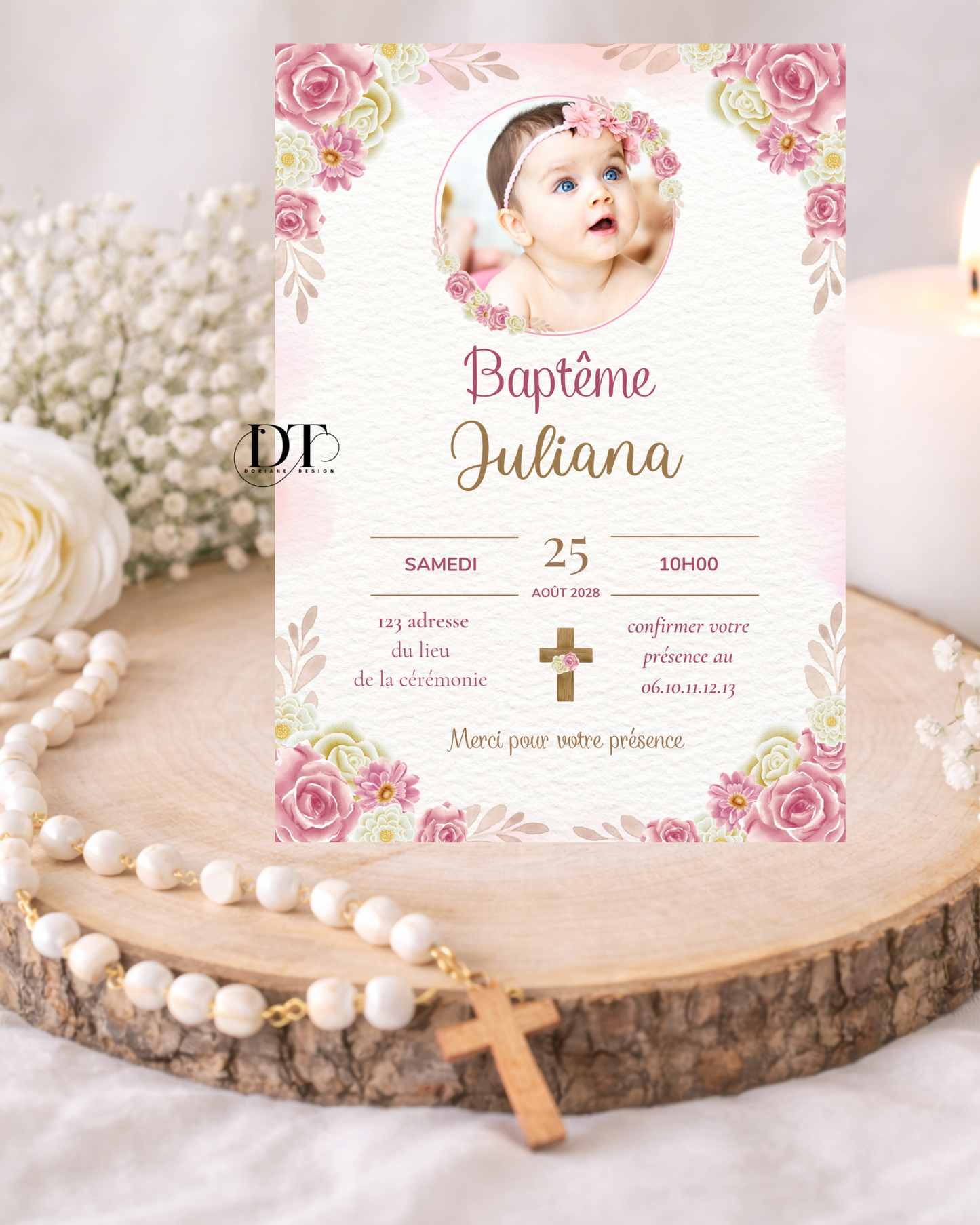Faire-part de baptême floral ton rose