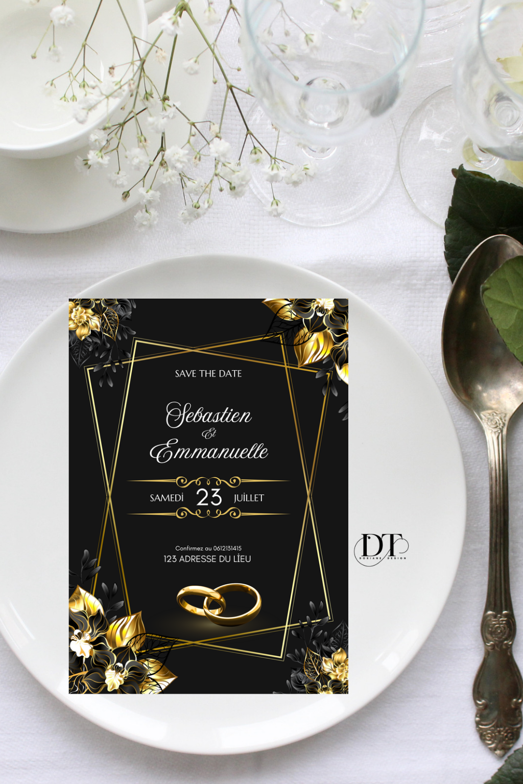 Faire-part mariage noir et doré luxe – invitation mariage élégante et moderne