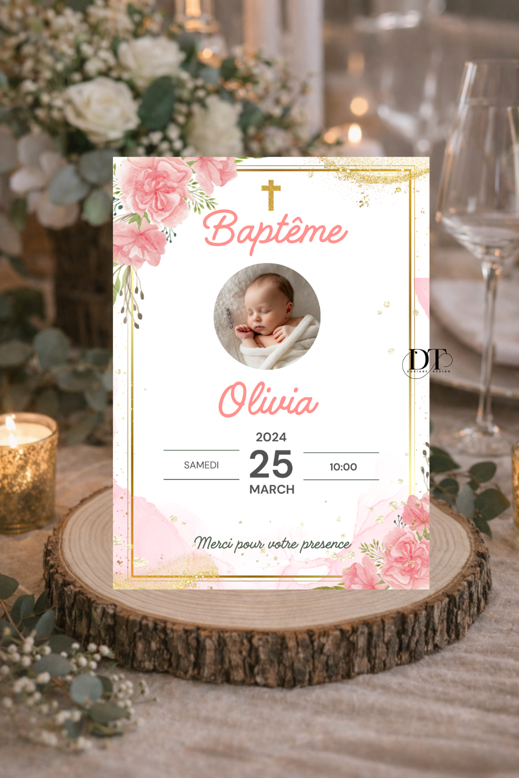 Affiche décoration de baptême floral rose