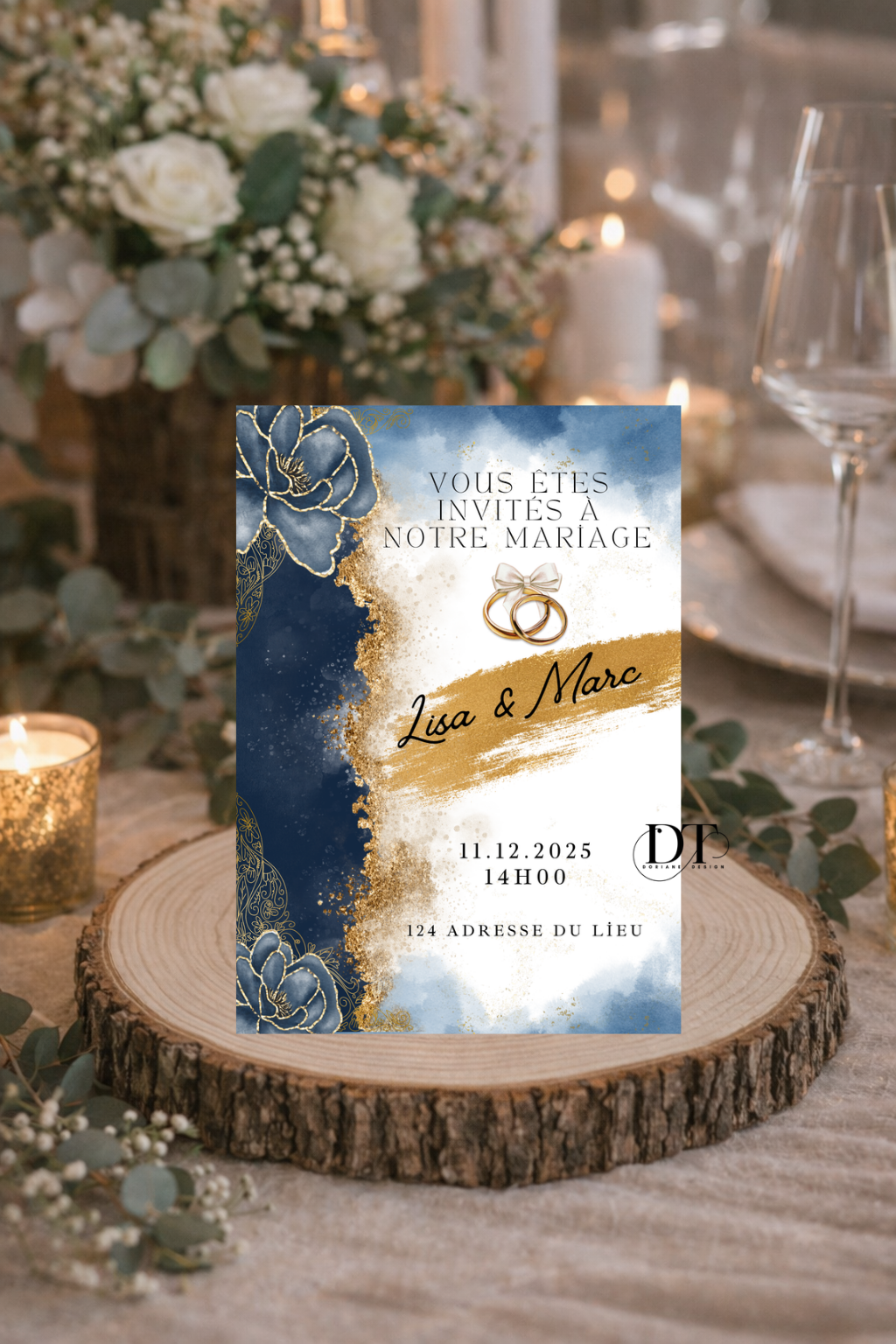 Faire-part mariage bleu et doré élégant – invitation mariage chic personnalisée