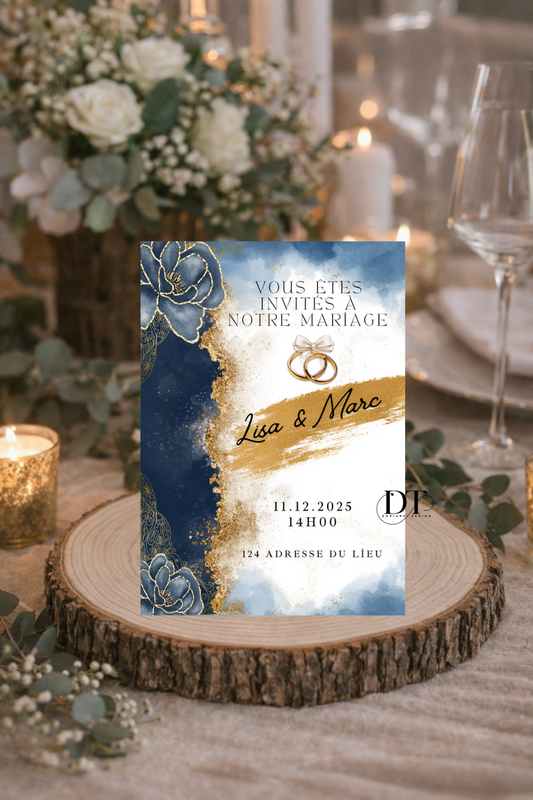 Faire-part mariage bleu et doré élégant – invitation mariage chic personnalisée
