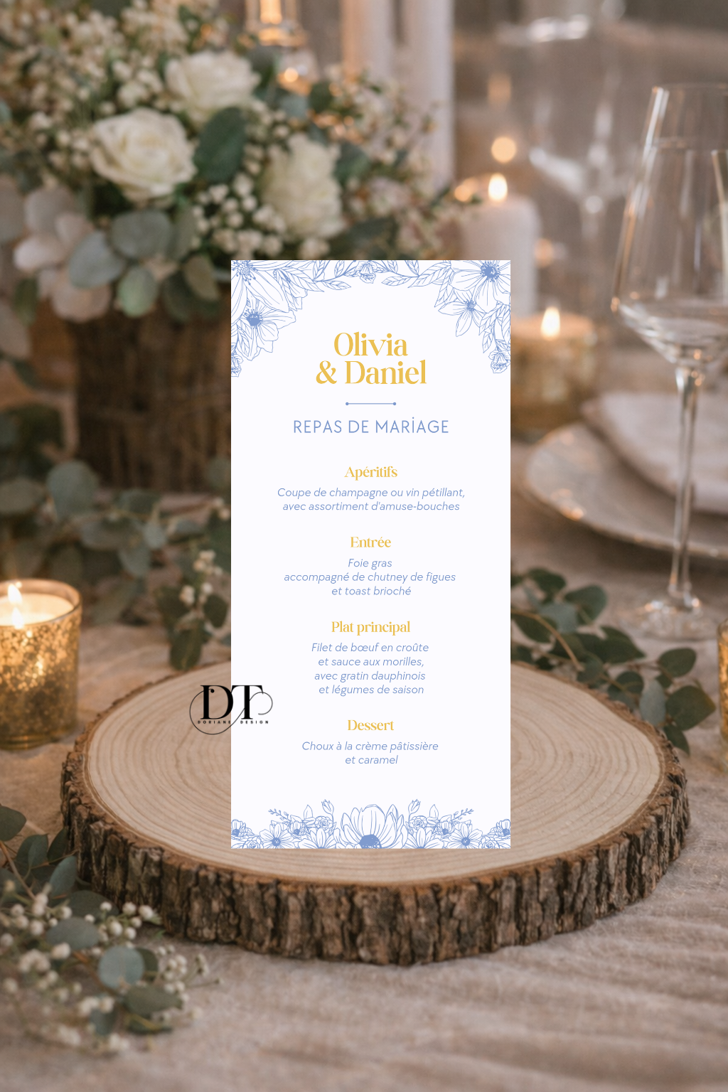 Menu mariage Bleu & orangé  Élégance Classique Florale