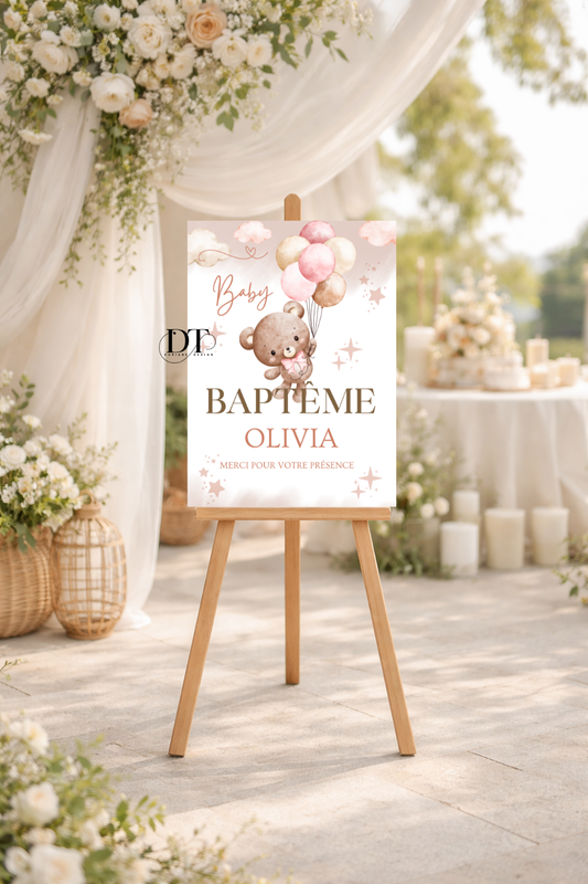 Panneau baptême ourson & ballons pastel – style bohème bébé