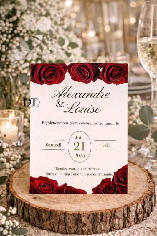 Faire part mariage blanc et roses rouges