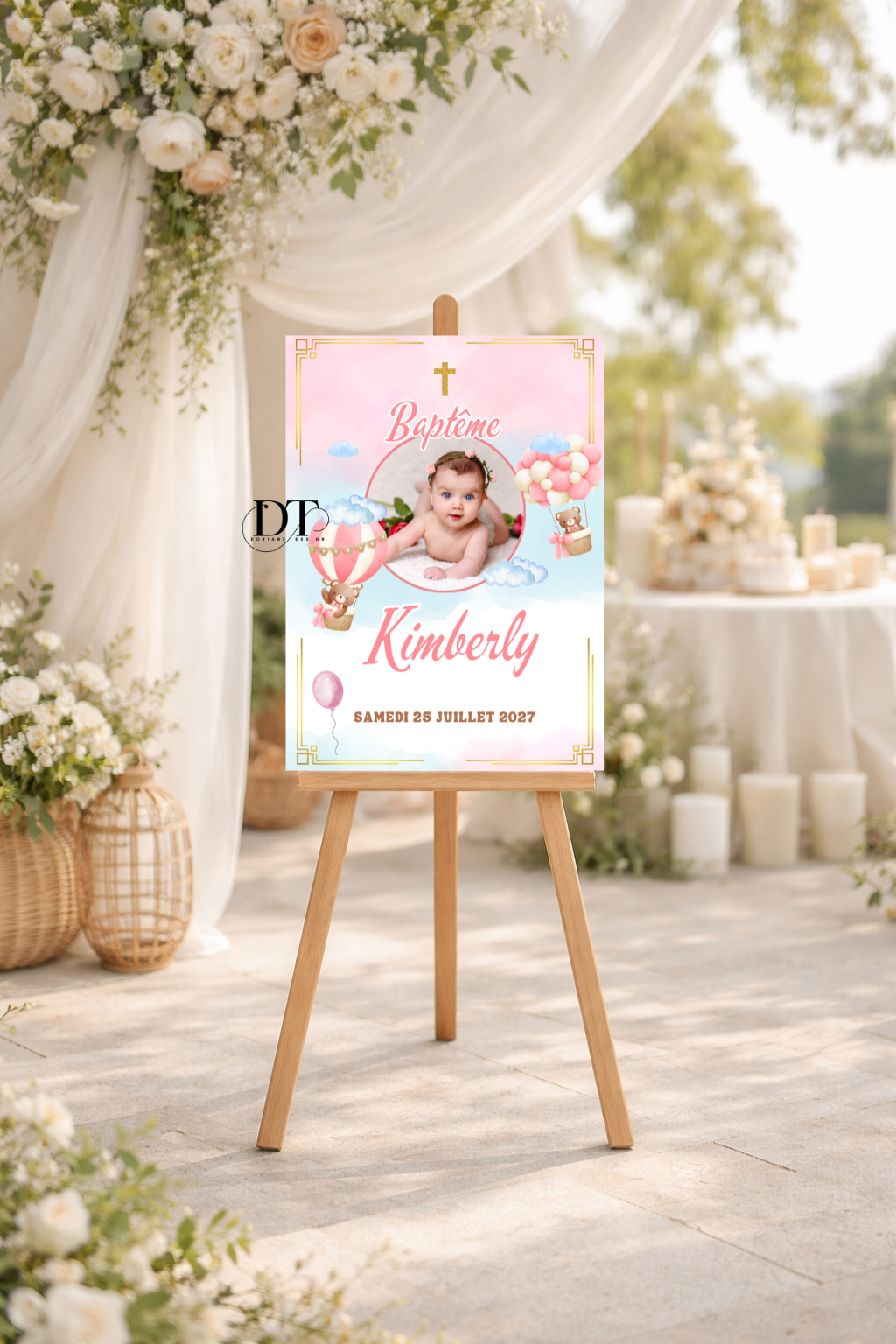 Panneau baptême bébé fille montgolfière & nuages pastel