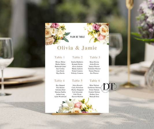 Plan de table personnalisé floral roses colorées panneau métal A4 panneau plan de table mariage baptême anniversaire Plan de table