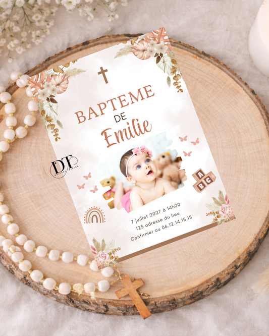 Faire-part de baptême champêtre floral
