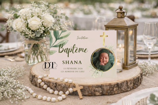 Faire-part de baptême floral vert