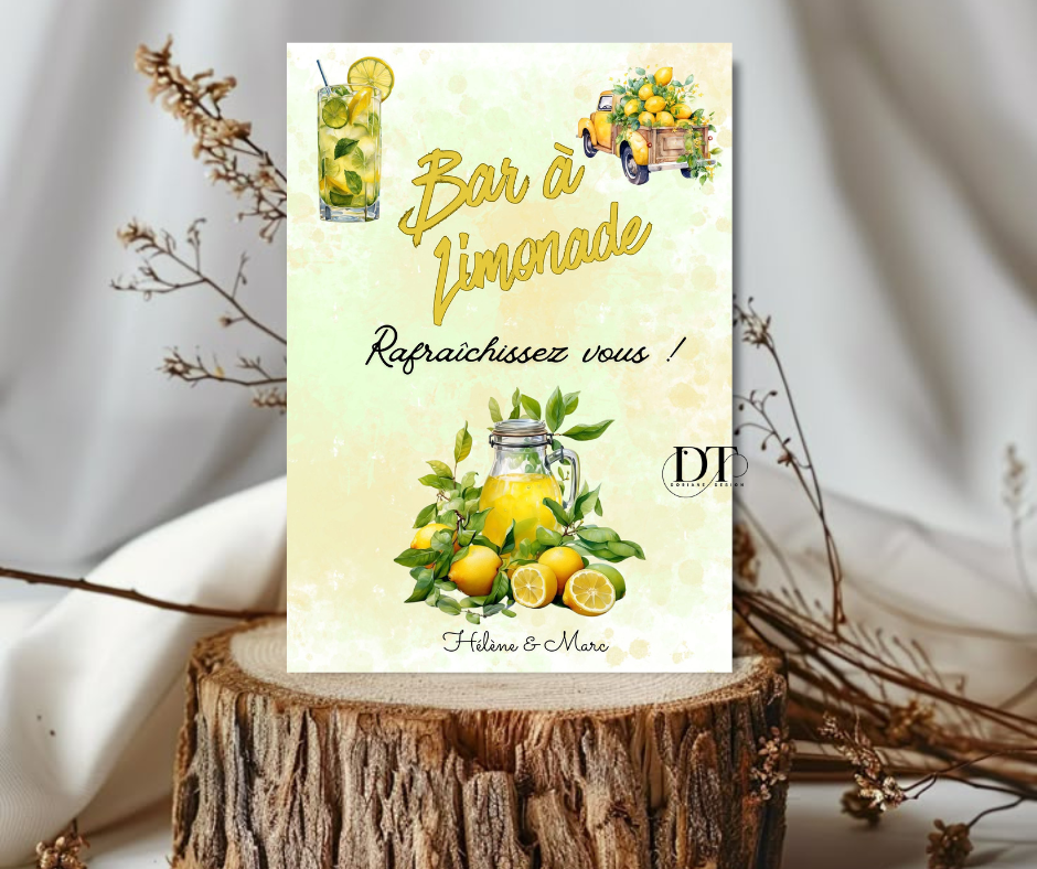 Panneau mariage bar à limonade , affiche bar à limonade ,  décoration mariage dolce vita citron