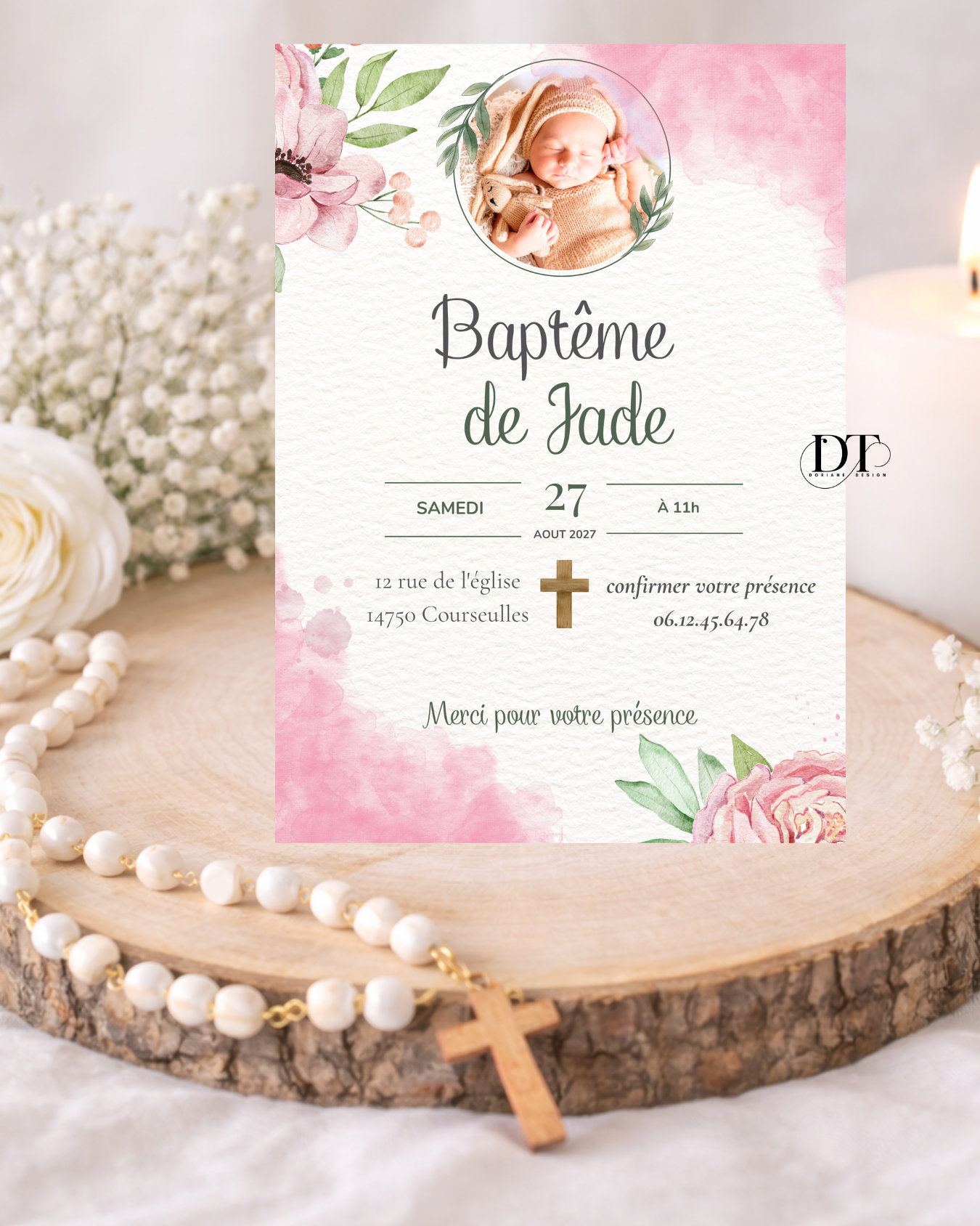 Faire-part de baptême floral rose