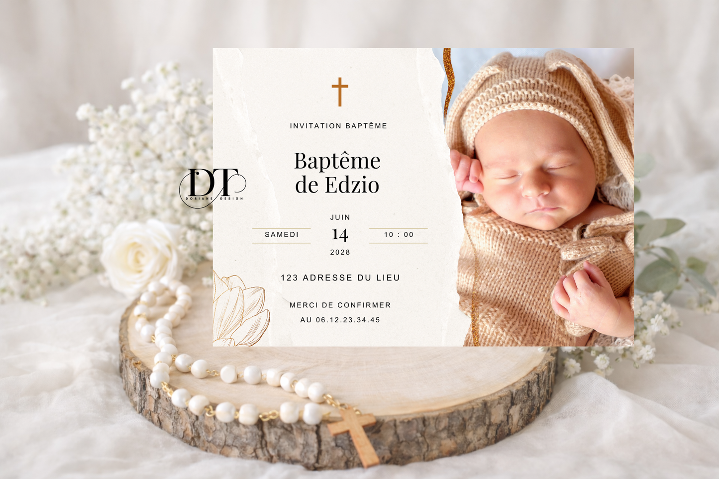 Faire-part de baptême minimaliste avec photo