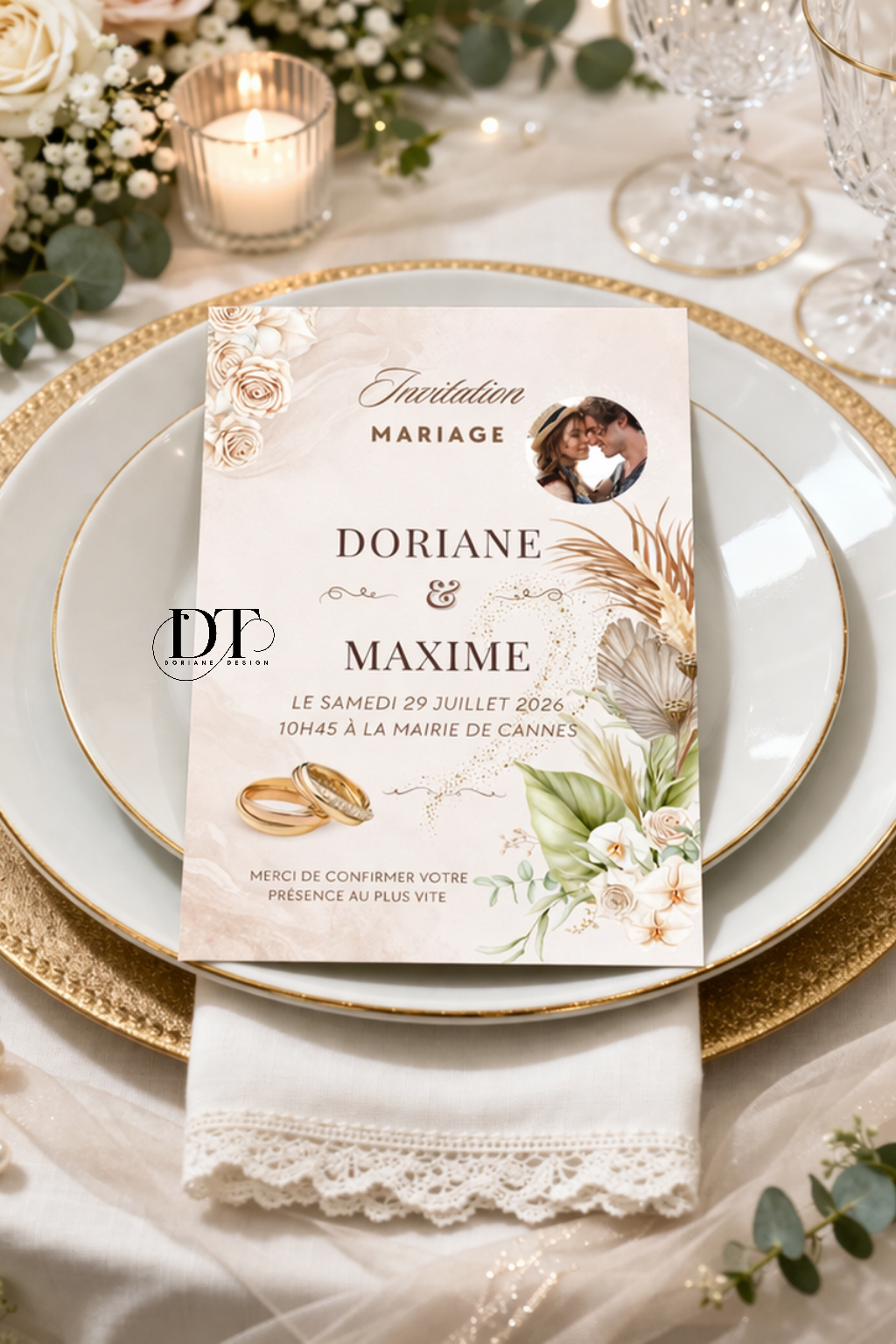 Faire part mariage personnalisée floral champêtre