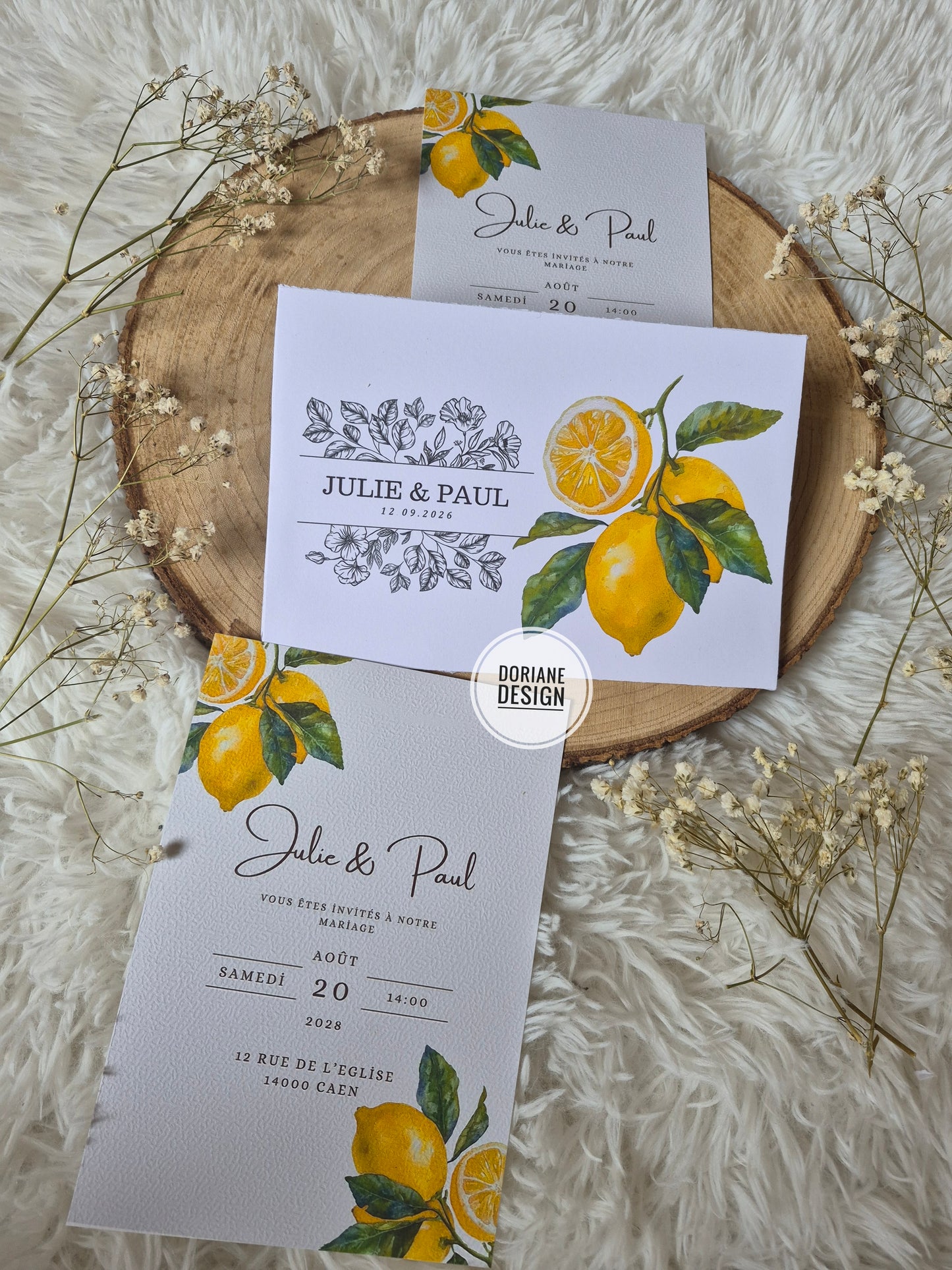 Faire-part mariage citron “Dolce Vita” avec enveloppe & cachet de cire assorti – faire part Personnalisé