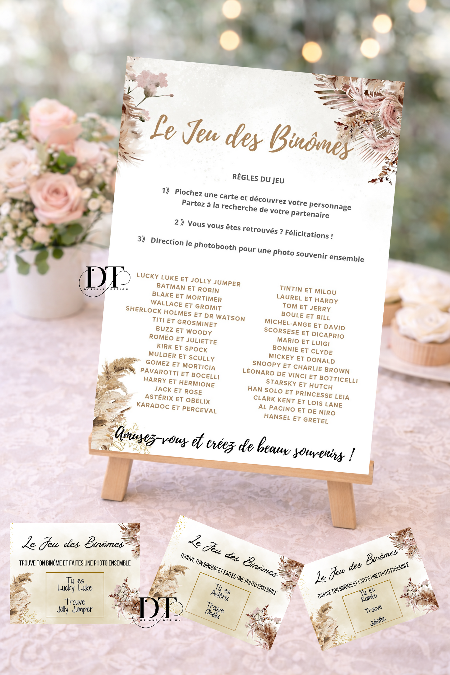 Jeu des binômes mariage – 64 cartes + affiche A4 – Animation invités originale – Jeu mariage Animation invités mariage thème champêtre pampa