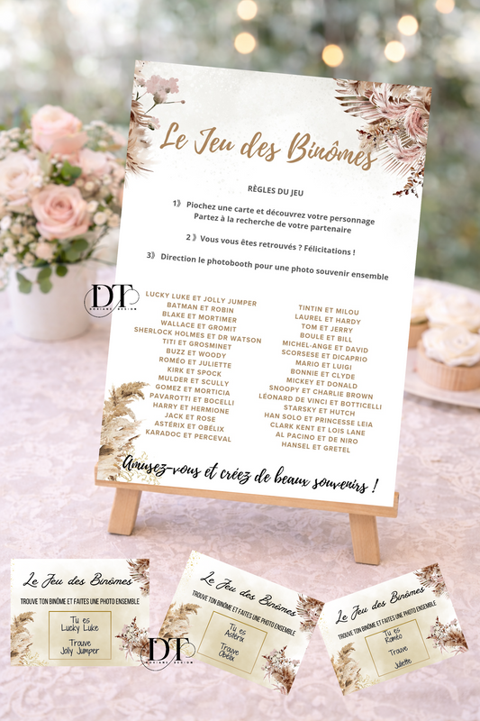 Jeu des binômes mariage – 64 cartes + affiche A4 – Animation invités originale – Jeu mariage Animation invités mariage thème champêtre pampa