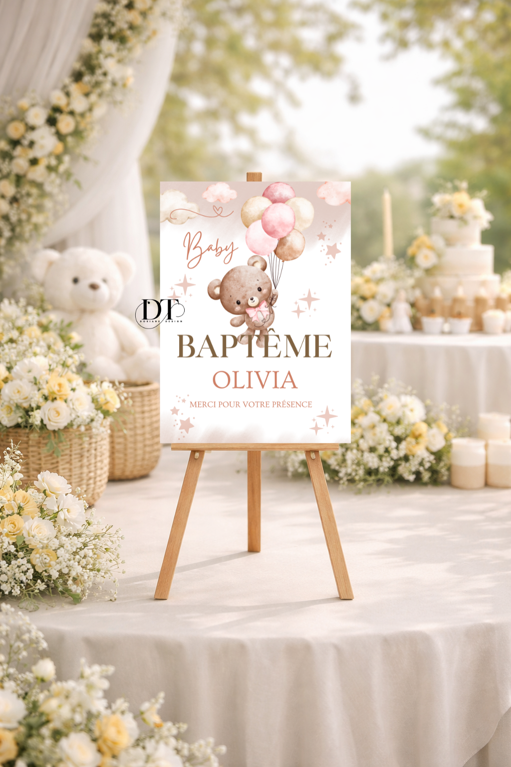 Panneau baptême ourson & ballons pastel – style bohème bébé
