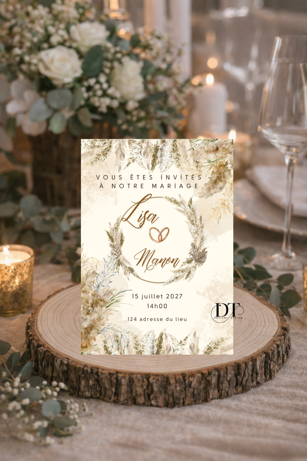 Faire-part mariage bohème chic fleurs séchées – invitation mariage champêtre personnalisée