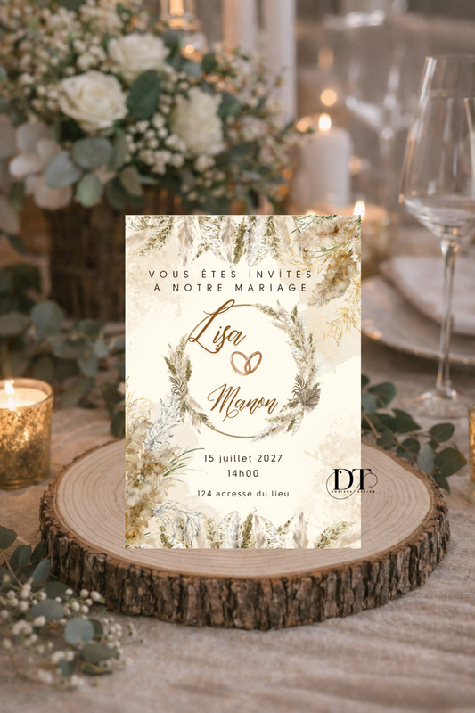 Faire-part mariage bohème chic fleurs séchées – invitation mariage champêtre personnalisée