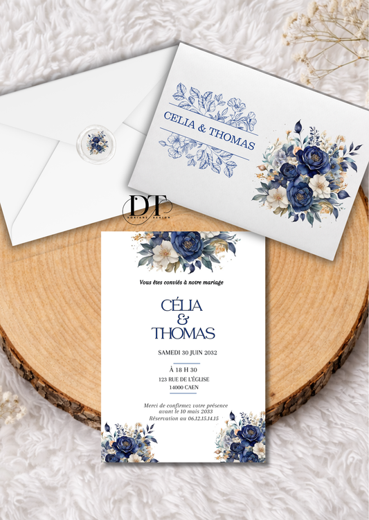 Faire-part mariage floral bleu avec enveloppe & cachet de cire assorti – faire part Personnalisé
