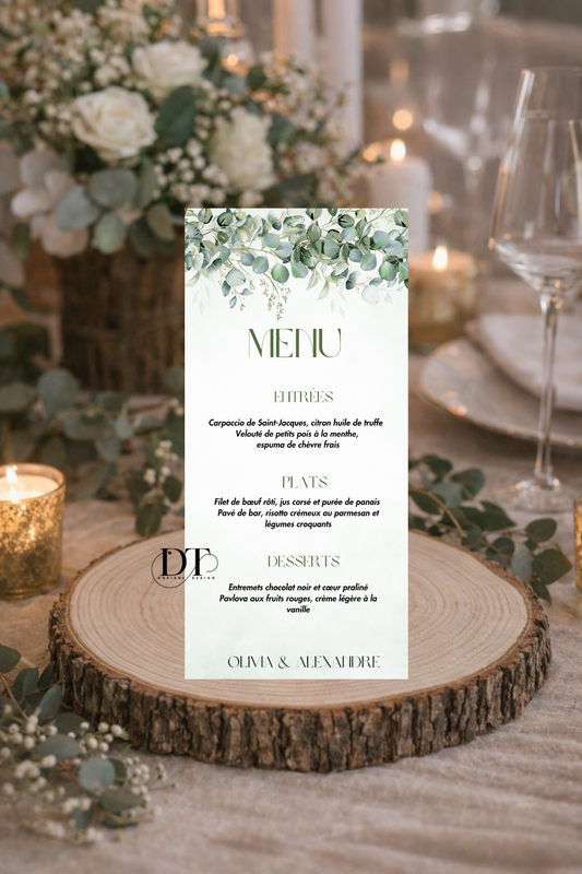Menu mariage Champêtre Eucalyptus & Élégance Naturelle