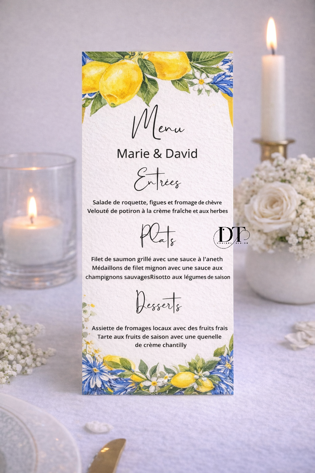 Menu mariage personnalisée Thème Dolce Vita citrons