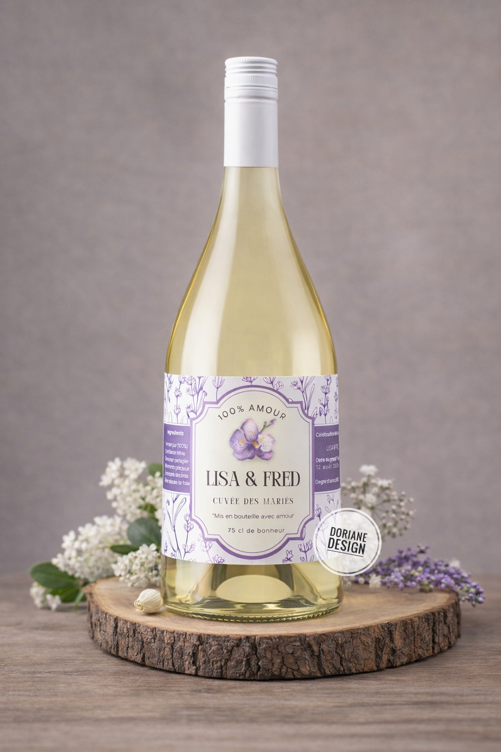 Etiquette bouteille personnalisé mariage floral violet